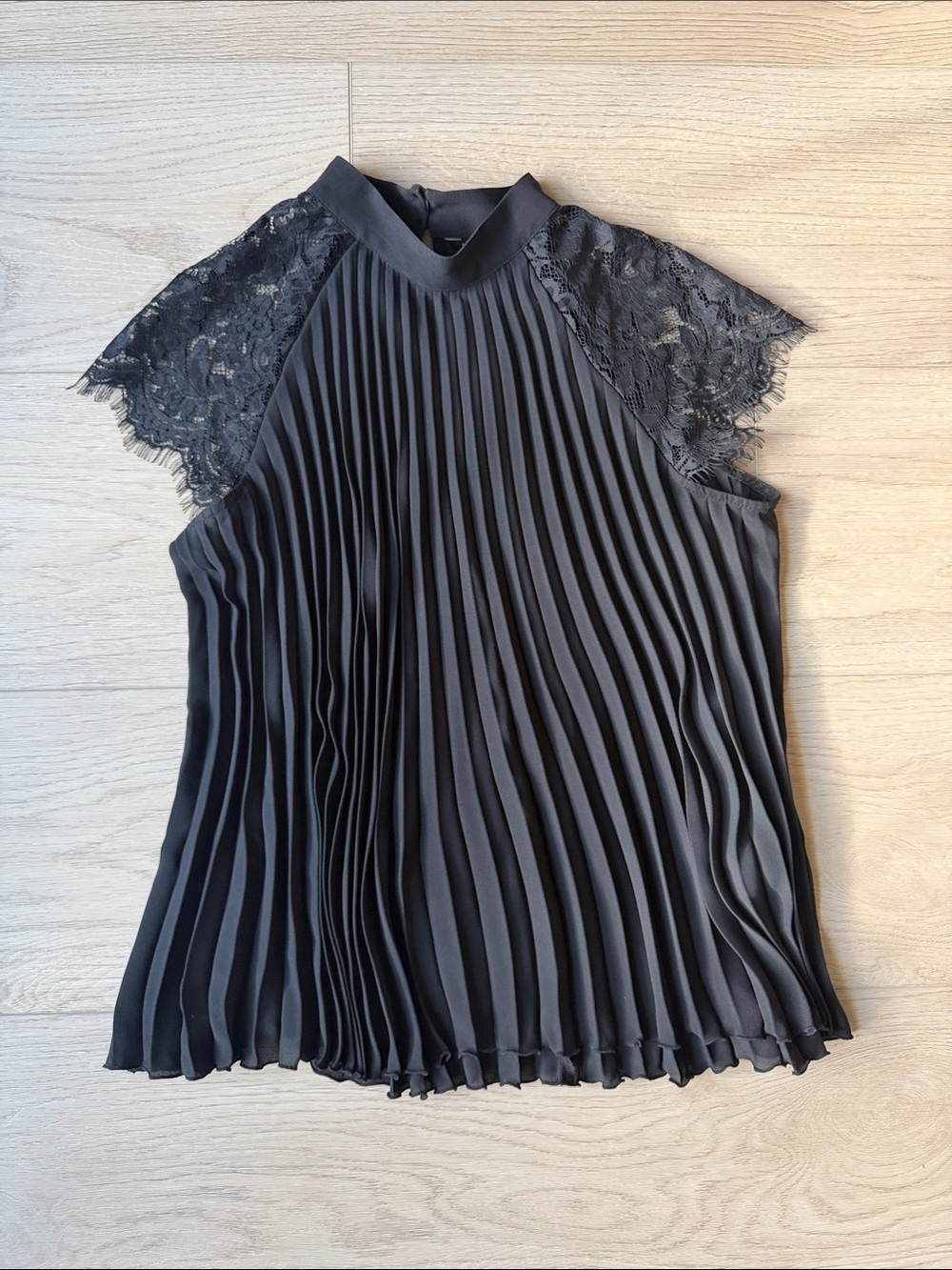 Banana Republic Black Pleated Lace Cap Sleeve Top